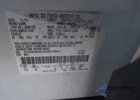 2013 Ford Explorer Xlt z USA, uszkodzony, nr VIN 1FM5K8D81DGB76062